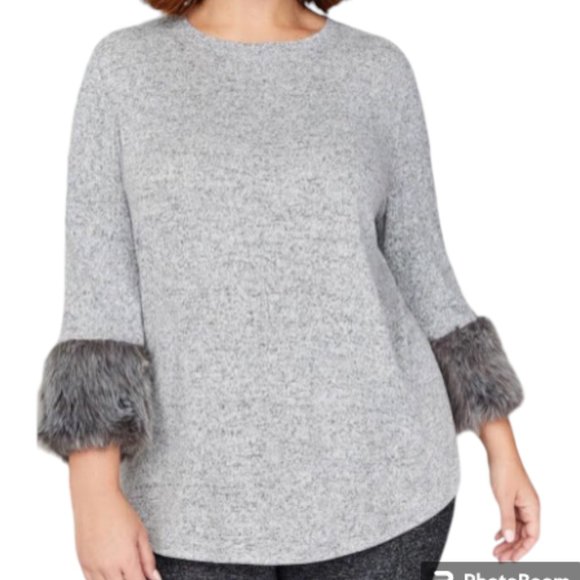 Lane Bryant Heather Grey Sweater-Top with Faux Fur Cuff Sleeves Size 18 - Picture 1 of 7